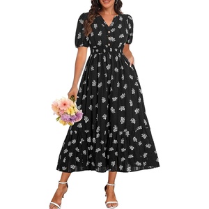 image:imageTalisea Womens Summer Maxi Dress  Puff Sleeve V Neck Smocked Tiered Boho Casual ALine Wedding Guest Long Dress with PocketsBlack Printed