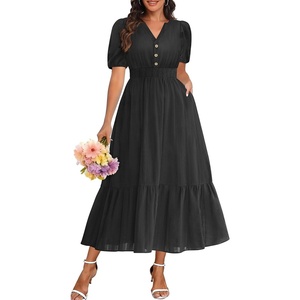 image:imageTalisea Womens Summer Maxi Dress  Puff Sleeve V Neck Smocked Tiered Boho Casual ALine Wedding Guest Long Dress with PocketsBlack Solid