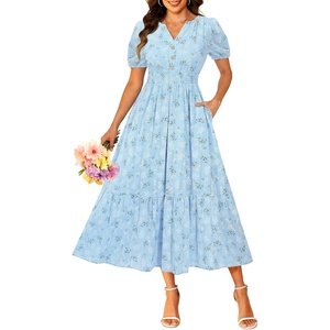image:imageTalisea Womens Summer Maxi Dress  Puff Sleeve V Neck Smocked Tiered Boho Casual ALine Wedding Guest Long Dress with PocketsBlue Floral