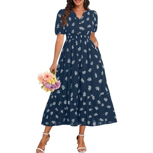 image:imageTalisea Womens Summer Maxi Dress  Puff Sleeve V Neck Smocked Tiered Boho Casual ALine Wedding Guest Long Dress with PocketsNavy Printed