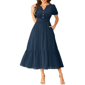 image:imageTalisea Womens Summer Maxi Dress  Puff Sleeve V Neck Smocked Tiered Boho Casual ALine Wedding Guest Long Dress with PocketsNavy Solid