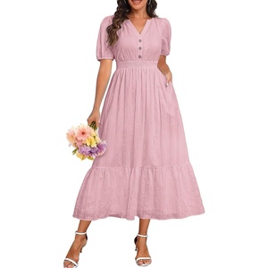 image:imageTalisea Womens Summer Maxi Dress  Puff Sleeve V Neck Smocked Tiered Boho Casual ALine Wedding Guest Long Dress with PocketsPink Printed