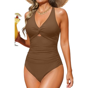 image:imageTummy Control One Piece Swimsuits  Women Halter Bathing Suit 2025 Twist Front Cut Out Full Coverage SwimwearBrown