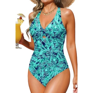 image:imageTummy Control One Piece Swimsuits  Women Halter Bathing Suit 2025 Twist Front Cut Out Full Coverage SwimwearGreen Paisley