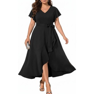 image:imageWomen Plus Size Wedding Guest Dress  Formal Cocktail Split Ruffle V Neck High Low Party Long Maxi DressesBlack