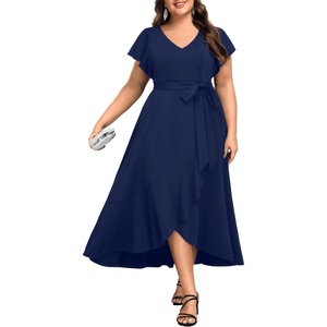 image:imageWomen Plus Size Wedding Guest Dress  Formal Cocktail Split Ruffle V Neck High Low Party Long Maxi DressesNavy Blue