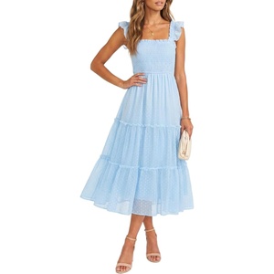 image:imageWomens Wedding Guest Dress Dotted Tulle Smocked Summer Midi Sleeveless Ruffle Tiered Flowy Mesh Party SundressLight Blue