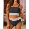 image:imageHigh Waisted Bandeau Bikini Set  Women Strapless Two Piece Swimsuits Ribbed Longline Full Coverage Bathing Suits SwimwearBlackcontrast Trim