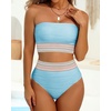 image:imageHigh Waisted Bandeau Bikini Set  Women Strapless Two Piece Swimsuits Ribbed Longline Full Coverage Bathing Suits SwimwearBlue