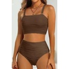image:imageHigh Waisted Bandeau Bikini Set  Women Strapless Two Piece Swimsuits Ribbed Longline Full Coverage Bathing Suits SwimwearBrown