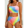 image:imageHigh Waisted Bandeau Bikini Set  Women Strapless Two Piece Swimsuits Ribbed Longline Full Coverage Bathing Suits SwimwearColorful Tie Dye