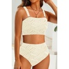 image:imageHigh Waisted Bandeau Bikini Set  Women Strapless Two Piece Swimsuits Ribbed Longline Full Coverage Bathing Suits SwimwearContrast Colorbeige