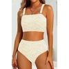 image:imageHigh Waisted Bandeau Bikini Set  Women Strapless Two Piece Swimsuits Ribbed Longline Full Coverage Bathing Suits SwimwearContrast Colorbeige
