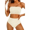 image:imageHigh Waisted Bandeau Bikini Set  Women Strapless Two Piece Swimsuits Ribbed Longline Full Coverage Bathing Suits SwimwearContrast Colorbeige