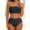 image:imageHigh Waisted Bandeau Bikini Set  Women Strapless Two Piece Swimsuits Ribbed Longline Full Coverage Bathing Suits SwimwearFloralblack