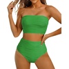 image:imageHigh Waisted Bandeau Bikini Set  Women Strapless Two Piece Swimsuits Ribbed Longline Full Coverage Bathing Suits SwimwearGreen