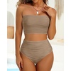 image:imageHigh Waisted Bandeau Bikini Set  Women Strapless Two Piece Swimsuits Ribbed Longline Full Coverage Bathing Suits SwimwearLight Brown