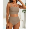 image:imageHigh Waisted Bandeau Bikini Set  Women Strapless Two Piece Swimsuits Ribbed Longline Full Coverage Bathing Suits SwimwearLight Brown