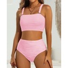 image:imageHigh Waisted Bandeau Bikini Set  Women Strapless Two Piece Swimsuits Ribbed Longline Full Coverage Bathing Suits SwimwearLight Pink