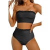 image:imageHigh Waisted Bandeau Bikini Set  Women Strapless Two Piece Swimsuits Ribbed Longline Full Coverage Bathing Suits SwimwearMeshblack
