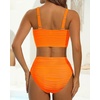 image:imageHigh Waisted Bandeau Bikini Set  Women Strapless Two Piece Swimsuits Ribbed Longline Full Coverage Bathing Suits SwimwearNeon Orange