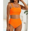 image:imageHigh Waisted Bandeau Bikini Set  Women Strapless Two Piece Swimsuits Ribbed Longline Full Coverage Bathing Suits SwimwearNeon Orange