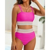 image:imageHigh Waisted Bandeau Bikini Set  Women Strapless Two Piece Swimsuits Ribbed Longline Full Coverage Bathing Suits SwimwearPink