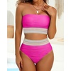 image:imageHigh Waisted Bandeau Bikini Set  Women Strapless Two Piece Swimsuits Ribbed Longline Full Coverage Bathing Suits SwimwearPink