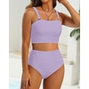 image:imageHigh Waisted Bandeau Bikini Set  Women Strapless Two Piece Swimsuits Ribbed Longline Full Coverage Bathing Suits SwimwearPurple