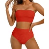 image:imageHigh Waisted Bandeau Bikini Set  Women Strapless Two Piece Swimsuits Ribbed Longline Full Coverage Bathing Suits SwimwearRed