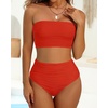 image:imageHigh Waisted Bandeau Bikini Set  Women Strapless Two Piece Swimsuits Ribbed Longline Full Coverage Bathing Suits SwimwearRed