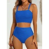 image:imageHigh Waisted Bandeau Bikini Set  Women Strapless Two Piece Swimsuits Ribbed Longline Full Coverage Bathing Suits SwimwearRoyal Blue
