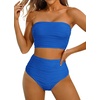 image:imageHigh Waisted Bandeau Bikini Set  Women Strapless Two Piece Swimsuits Ribbed Longline Full Coverage Bathing Suits SwimwearRoyal Blue