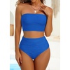 image:imageHigh Waisted Bandeau Bikini Set  Women Strapless Two Piece Swimsuits Ribbed Longline Full Coverage Bathing Suits SwimwearRoyal Blue