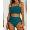 image:imageHigh Waisted Bandeau Bikini Set  Women Strapless Two Piece Swimsuits Ribbed Longline Full Coverage Bathing Suits SwimwearTeal
