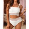 image:imageHigh Waisted Bandeau Bikini Set  Women Strapless Two Piece Swimsuits Ribbed Longline Full Coverage Bathing Suits SwimwearWhite
