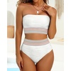 image:imageHigh Waisted Bandeau Bikini Set  Women Strapless Two Piece Swimsuits Ribbed Longline Full Coverage Bathing Suits SwimwearWhite