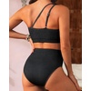 image:imageHigh Waisted Ribbed Bikini Swimsuit  Women Two Piece Bathing Suit One Shoulder Swimwear 2025Black