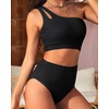 image:imageHigh Waisted Ribbed Bikini Swimsuit  Women Two Piece Bathing Suit One Shoulder Swimwear 2025Black