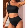 image:imageHigh Waisted Ribbed Bikini Swimsuit  Women Two Piece Bathing Suit One Shoulder Swimwear 2025Black