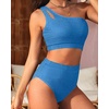 image:imageHigh Waisted Ribbed Bikini Swimsuit  Women Two Piece Bathing Suit One Shoulder Swimwear 2025Royal Blue