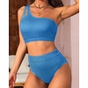 image:imageHigh Waisted Ribbed Bikini Swimsuit  Women Two Piece Bathing Suit One Shoulder Swimwear 2025Royal Blue