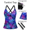 image:imageWomen Tankini Swimsuit Tops Only  Tummy Control Bathing Suit Top 2025 Modest V Neck Twist Front Cutout Swim Top No BottomBlue Purple Leaves