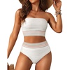 image:imageHigh Waisted Bandeau Bikini Set  Women Strapless Two Piece Swimsuits Ribbed Longline Full Coverage Bathing Suits SwimwearWhite