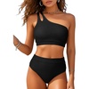 image:imageHigh Waisted Ribbed Bikini Swimsuit  Women Two Piece Bathing Suit One Shoulder Swimwear 2025Black