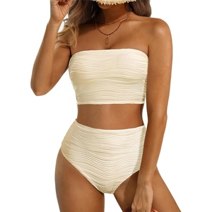 image:imageHigh Waisted Bandeau Bikini Set  Women Strapless Two Piece Swimsuits Ribbed Longline Full Coverage Bathing Suits SwimwearBeige