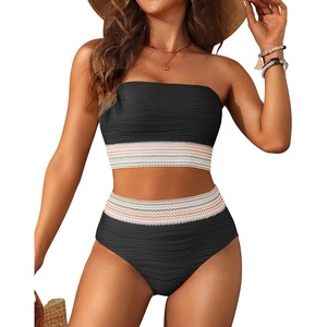 image:imageHigh Waisted Bandeau Bikini Set  Women Strapless Two Piece Swimsuits Ribbed Longline Full Coverage Bathing Suits SwimwearBlackcontrast Trim