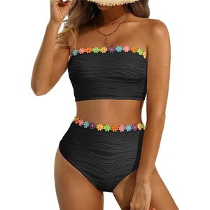 image:imageHigh Waisted Bandeau Bikini Set  Women Strapless Two Piece Swimsuits Ribbed Longline Full Coverage Bathing Suits SwimwearFloralblack