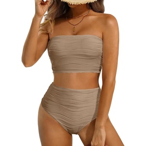 image:imageHigh Waisted Bandeau Bikini Set  Women Strapless Two Piece Swimsuits Ribbed Longline Full Coverage Bathing Suits SwimwearLight Brown