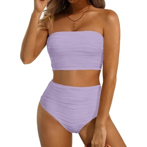 image:imageHigh Waisted Bandeau Bikini Set  Women Strapless Two Piece Swimsuits Ribbed Longline Full Coverage Bathing Suits SwimwearPurple